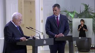 Pedro Sánchez, comparece junto al presidente del Estado de Palestina, Mahmud Abás