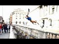 Daredevil somersaults over London's Somerset House gap