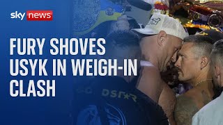 Fury vs Usyk: Tyson Fury shoves Oleksandr Usyk in weigh-in clash