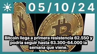 BITCOIN Bitcoin llega a primera resistencia 62.550 y podría seguir hasta 63.300-64.000 la semana que viene.