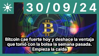 BITCOIN Bitcoin cae fuerte hoy y deshace la ventaja que tomó con la bolsa la semana pasada. Empieza la caida