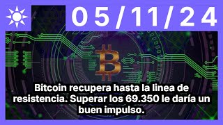 BITCOIN Bitcoin recupera hasta la linea de resistencia. Superar los 69.350 le daría un buen impulso.