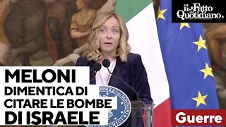 La &quot;dimenticanza&quot; di Meloni che non cita Israele: a violare le leggi internazionali solo la Russia