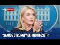 White House news briefing as President Trump faces IMF growth downgrade and pressure over Hegseth
