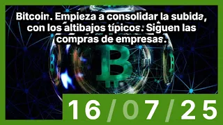 BITCOIN Bitcoin. Empieza a consolidar la subida, con los altibajos típicos. Siguen las compras de empresas.