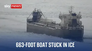 Ship with 17 people on board stuck in ice on Lake Erie