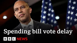 Democratic leader gives marathon speech to delay vote on Donald Trump&#39;s spending bill | BBC News