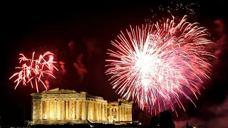 The Acropolis Hill in Athens lights up with fireworks to ring in 2025