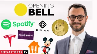 DOGECOIN Opening Bell: Tesla, Dogecoin, Disney, Just Eat Takeaway, Spotify, SoundHound AI, Rivian