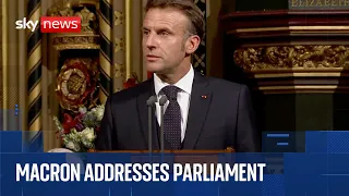 French President Emmanuel Macron addresses Parliament during UK state visit