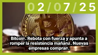 BITCOIN Bitcoin. Rebota con fuerza y apunta a romper la resistencia mañana. Nuevas empresas compran.