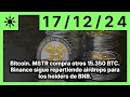 Bitcoin. MSTR compra otros 15.350 BTC. Binance sigue repartiendo airdrops para los holders de BNB.